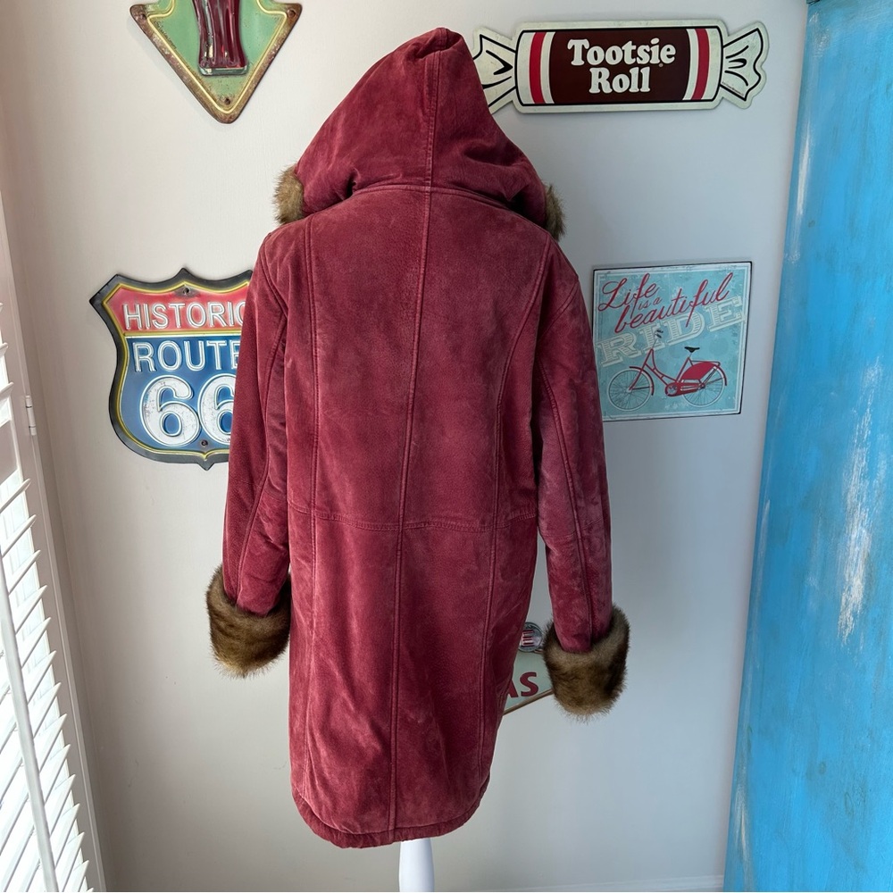 Dennis Basso Cranberry Suede Faux Fur Hooded Coat - Picture 5 of 15